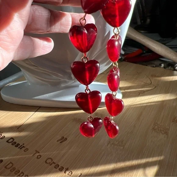 TERRA GEMMS Studio Series Red Heart Chain 14K Gold Plated Drop Earrings - Picture 4 of 4